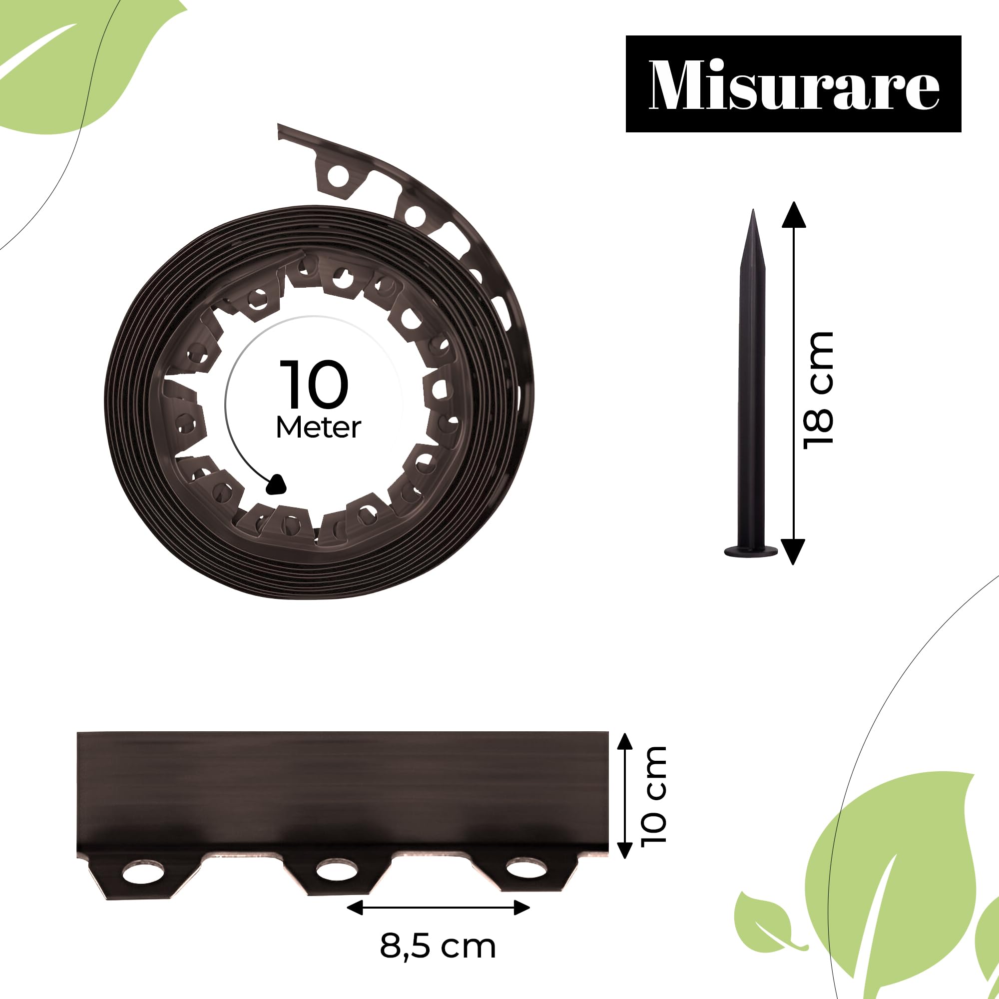 GARDENIX Bordo flessibile per prato, in plastica, marrone, 10 m, 20 ancore, altezza 10 cm, resistente alle intemperie, bordo rotondo per aiuole, per giardini e robot tosaerba