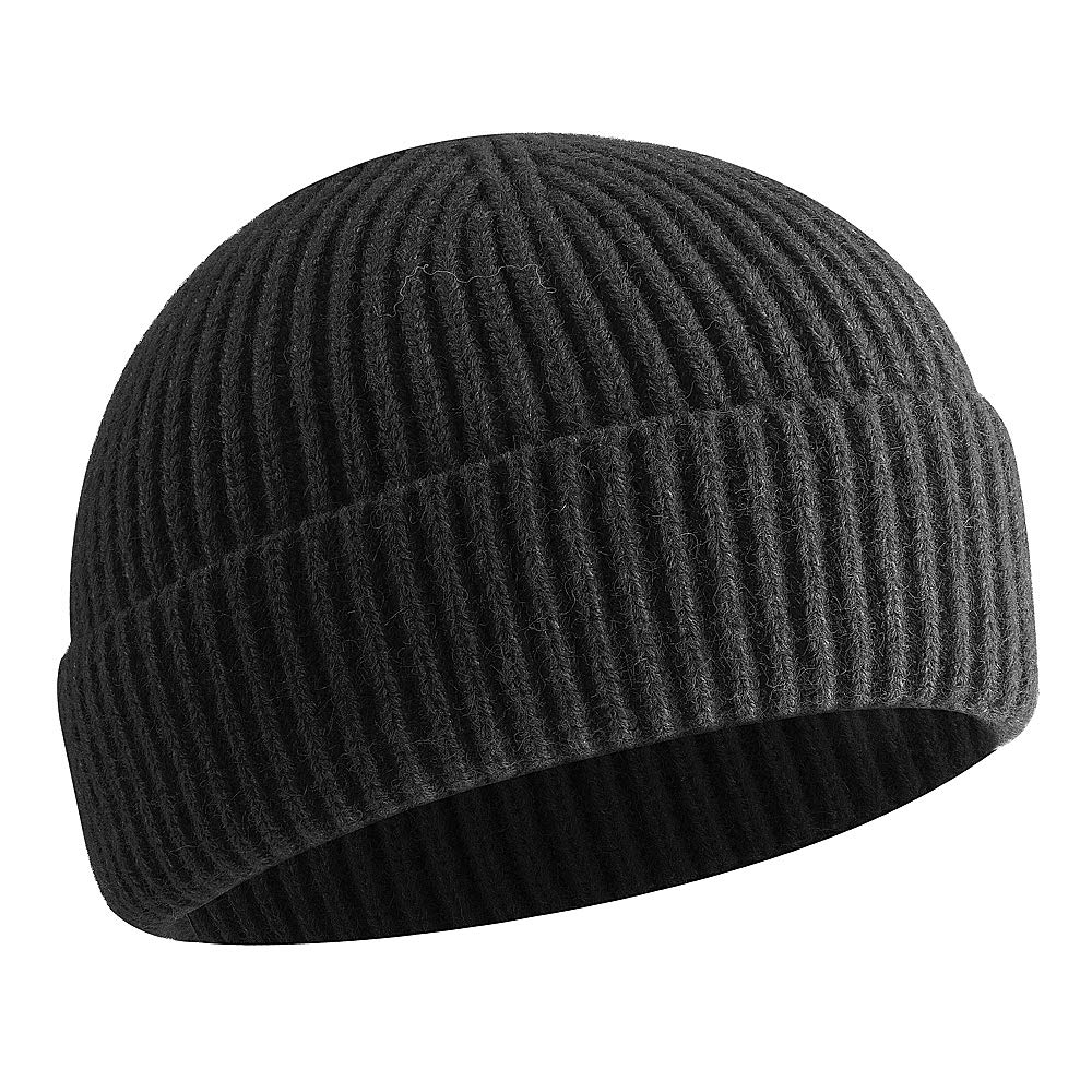 vidselShort Fisherman Beanie for Men Women, Swag Wool Knit Cuff Trawler Skullcap,Winter Warm Hats Black
