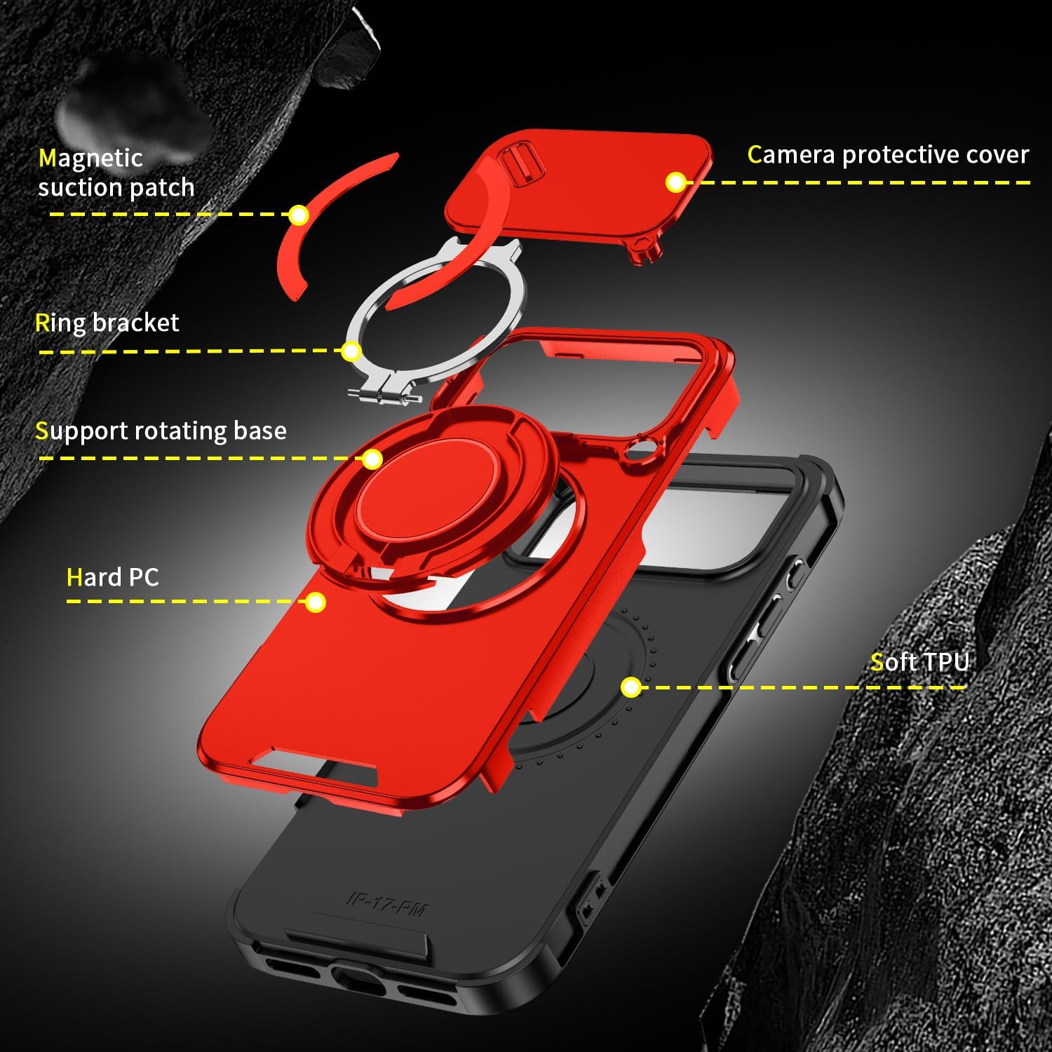 for iPhone 17 Pro Max Case,with Slide Camera Lens Cover+Finger Ring Holder Kickstand,Heavy Duty Shockproof Military Grade Protective Phone Cases (Red) - Image 8