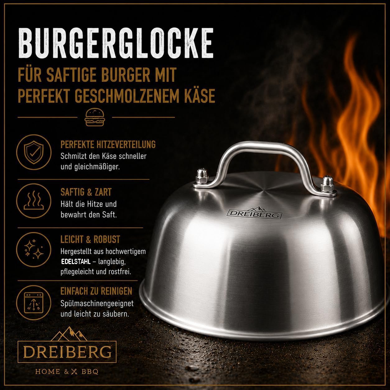 DREIBERG® Smash Hamburger Set in acciaio inox per plancha, barbecue a gas, teppanyaki con spatola per barbecue, carta hamburger, campana da scioglimento, pressa per barbecue, spargere spezie e