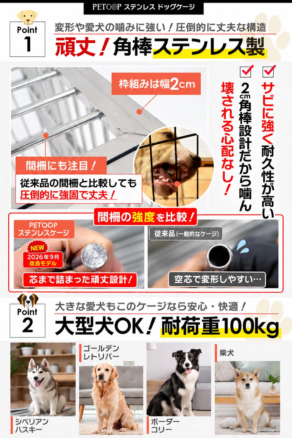 Amazon.co.jp: PETOOP 大型犬 ケージ ステンレス 頑丈 犬ゲージ 屋根