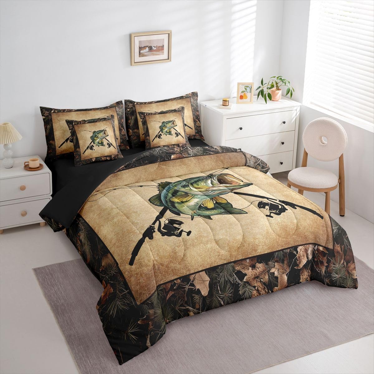 Erosebridal Camo Fishing Queen Bed in A Bag 7 Piece Bass Fish Fishing Rod Comforter Set with Sheets Rustic Pike Fish Bedding Sets for Kids Adults,Fisherman Bed Set