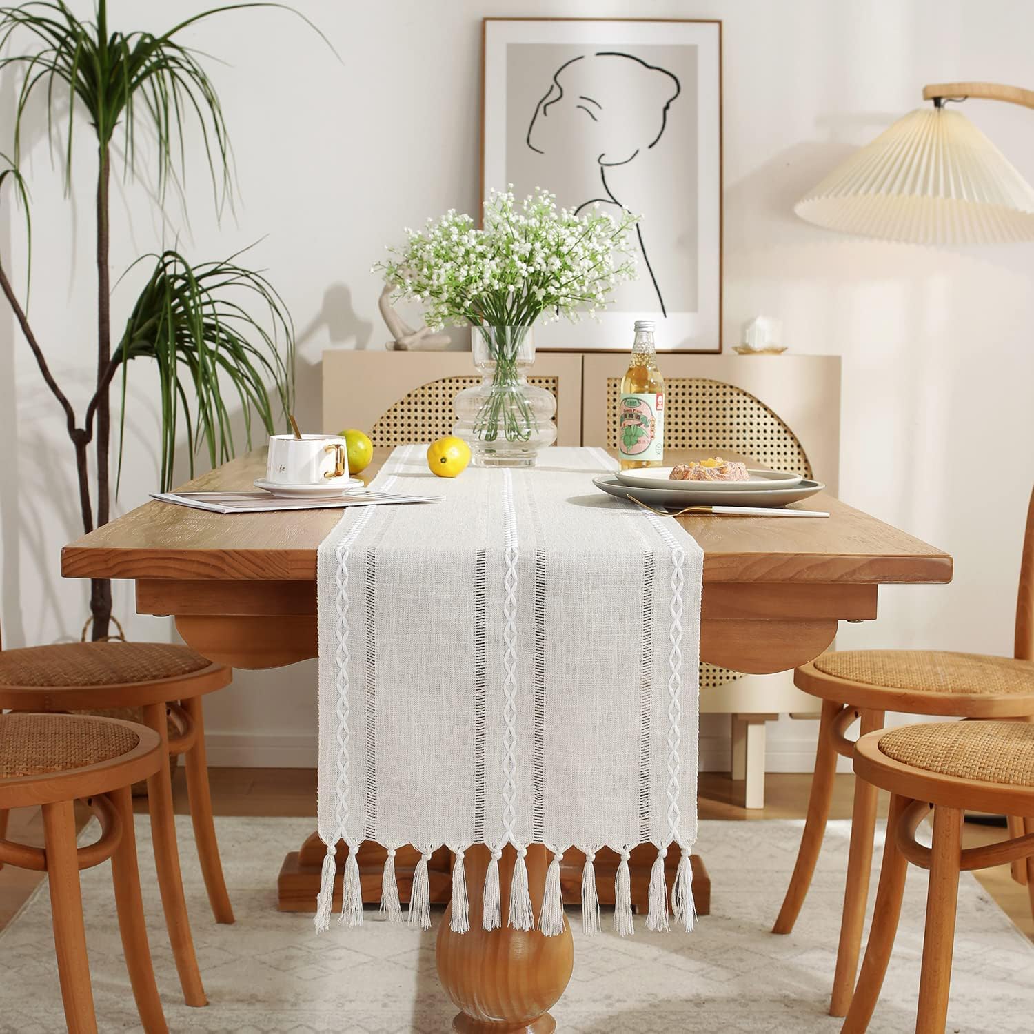 Wracra Rustic Hemstitch Table Runner, Linen Farmhouse Table Runners 108 Inches Long with Tassels for Dining Kitchen Coffee Table Decor, Party and Dresser Decor (Ivory, 13"×108")