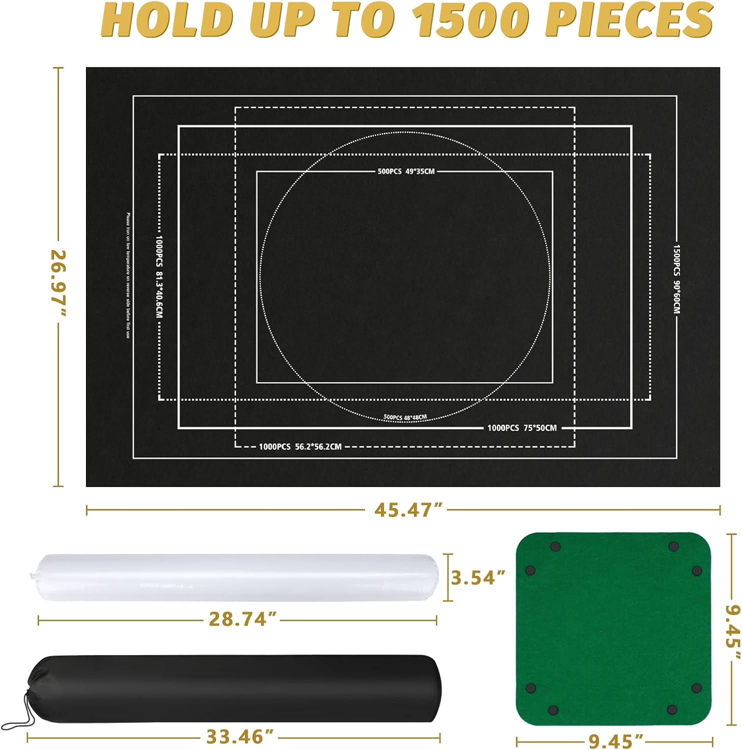 Puzzle Mat Roll Up Fits 1500 1000 500 Pieces Puzzles, Portable Felt Mat with 6 Sorting Trays & Storage Bag & Pump, Compact Non Slip Puzzle Saver for Adult Kid