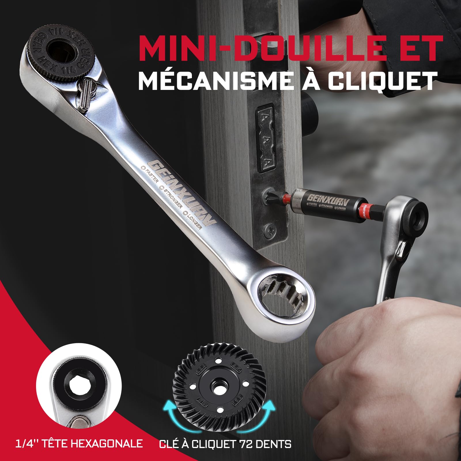 Geinxurn Lot 58 Pièces Set Embouts Tournevis Anti-Choc, Incl. Jeu Embouts Acier S2 (PH/PZ/TORX/HEX), Mini Cliquet, Perceuse Étages, Adaptateur Douille, Porte-Embouts Magnétique, Boîte Rouge