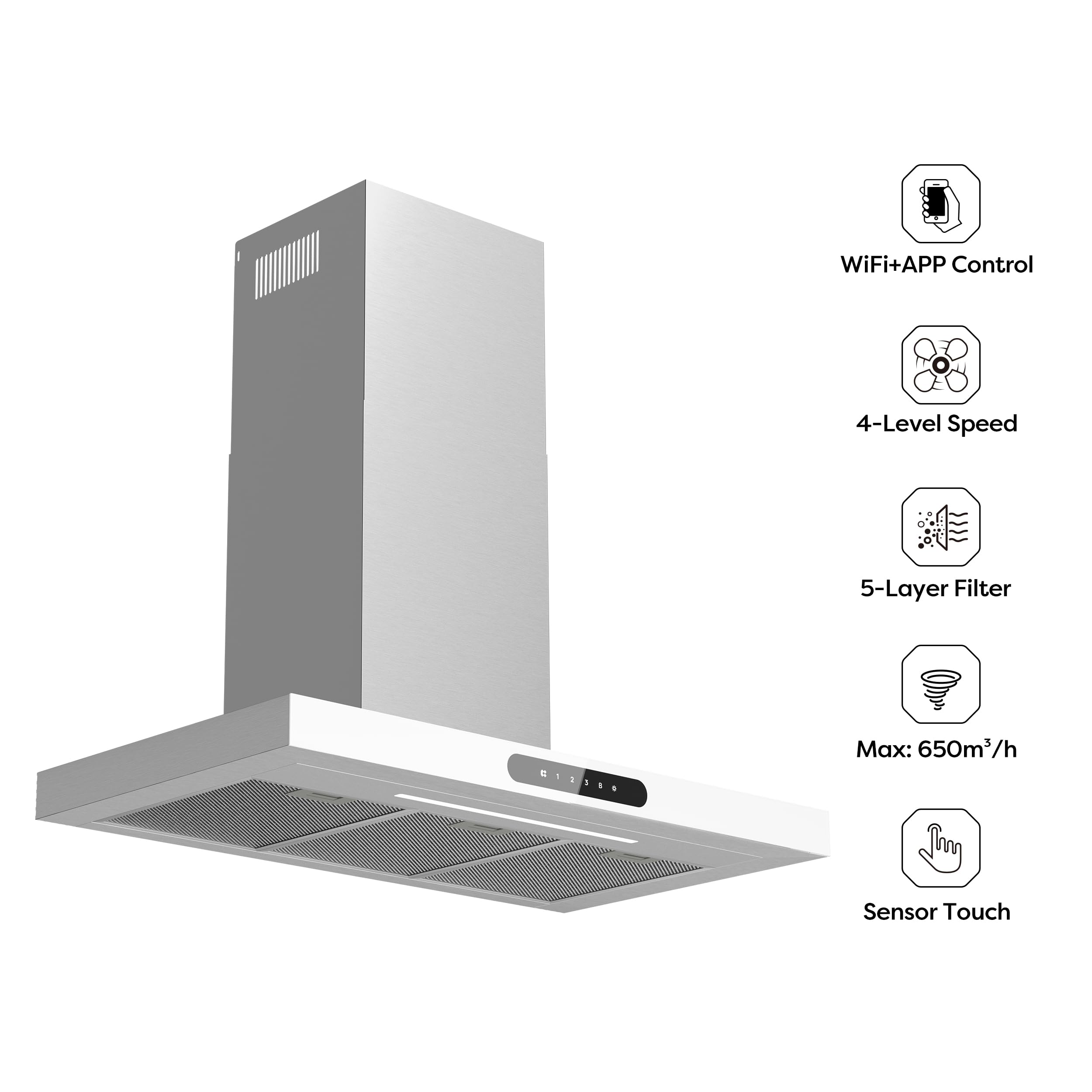 Ciarra Dynamic A+++ okap kuchenny 90 cm recyrkulacja CBCW9102 App SensorTouch sterowanie odprowadzanie powietrza okap wyciągowy 650 m³/h z możliwością przyciemniania oświetlenia LED okap ścienny stal