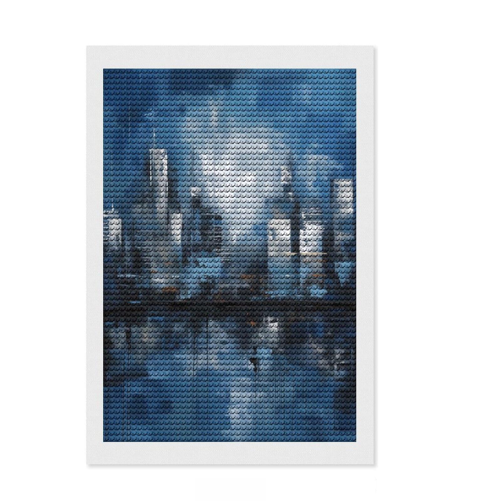 Junmoney Blue Urban Skyline – Abstract Cityscape Reflection Painting Full Drill Diamond Painting Kit 8"x12", Easy to Enjoy, Mindful Craft Project, Relaxing DIY, Canvas Picture