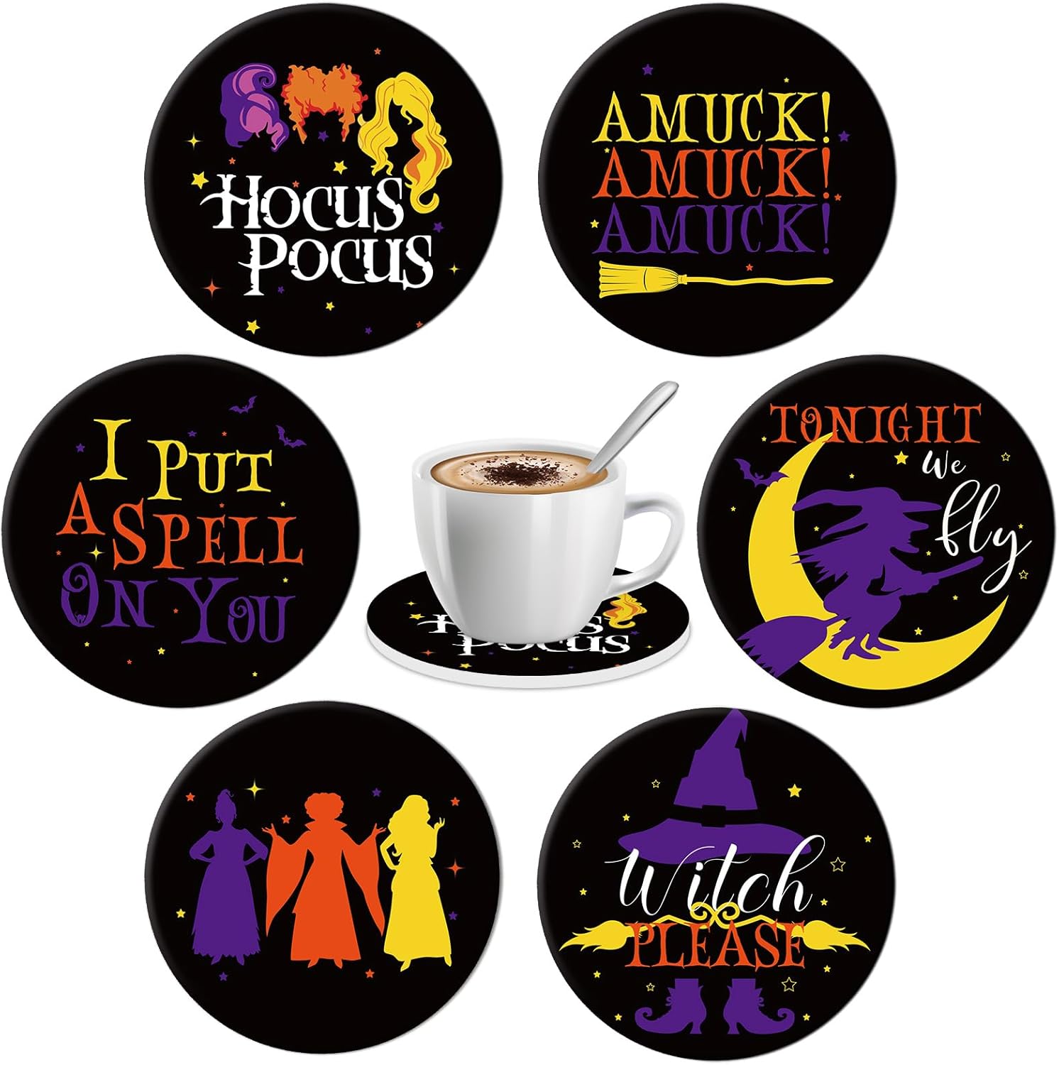 Whaline 6Pcs Halloween Coasters Witch Theme Drink Coasters