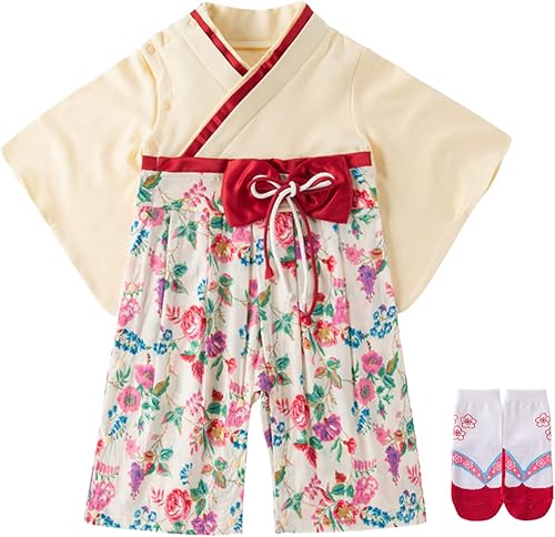 Mono para bebé kimono japonés mameluco de algodón para niñas disfraz de estilo japonés con 2 pares de calcetines