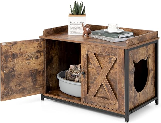 COSTWAY Cat Litter Box Enclosure, Wooden Kitty Hidden Washroom Toilet with Double Doors and Side Entrance, Industrial Cats House Nightstand