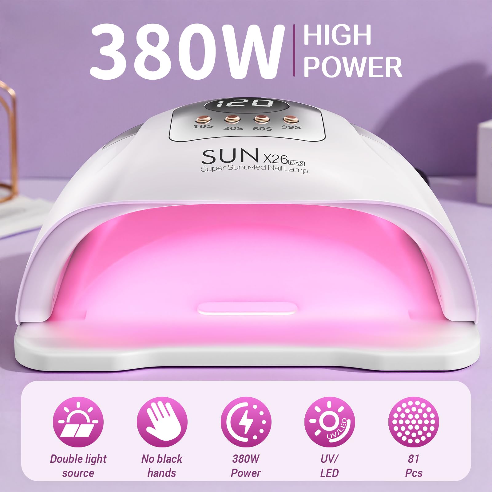 380W UV LED Lamp per Unghie, con 81 Perle/4 Impostazioni Temporali, Asciugatrice LED per Gel Vernice con Sensore Automatico, Display LED, Lampada UV Portatile con Maniglia per Unghie in Gel