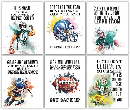 Sports Poster Wall Decor - Football Wall Art Print Set Of 6, 8x10 In Motivational Posters Boys Men Teenage Room Bedroom Decor, Inspirational Positive Quotes Art Prints Football Player Gifts
