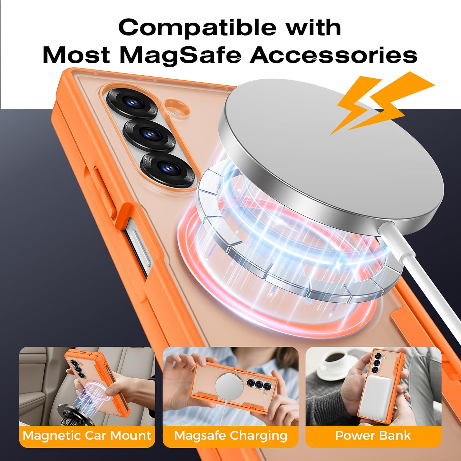 For Samsung Z Fold 6 Case[Built-in Privacy Protector][Hinge Protection with S Pen Holder]Compatible with Magsafe Full-Body Hard PC Shockproof Protective Phone Case for Samsung Galaxy Z Fold 6 (Orange)