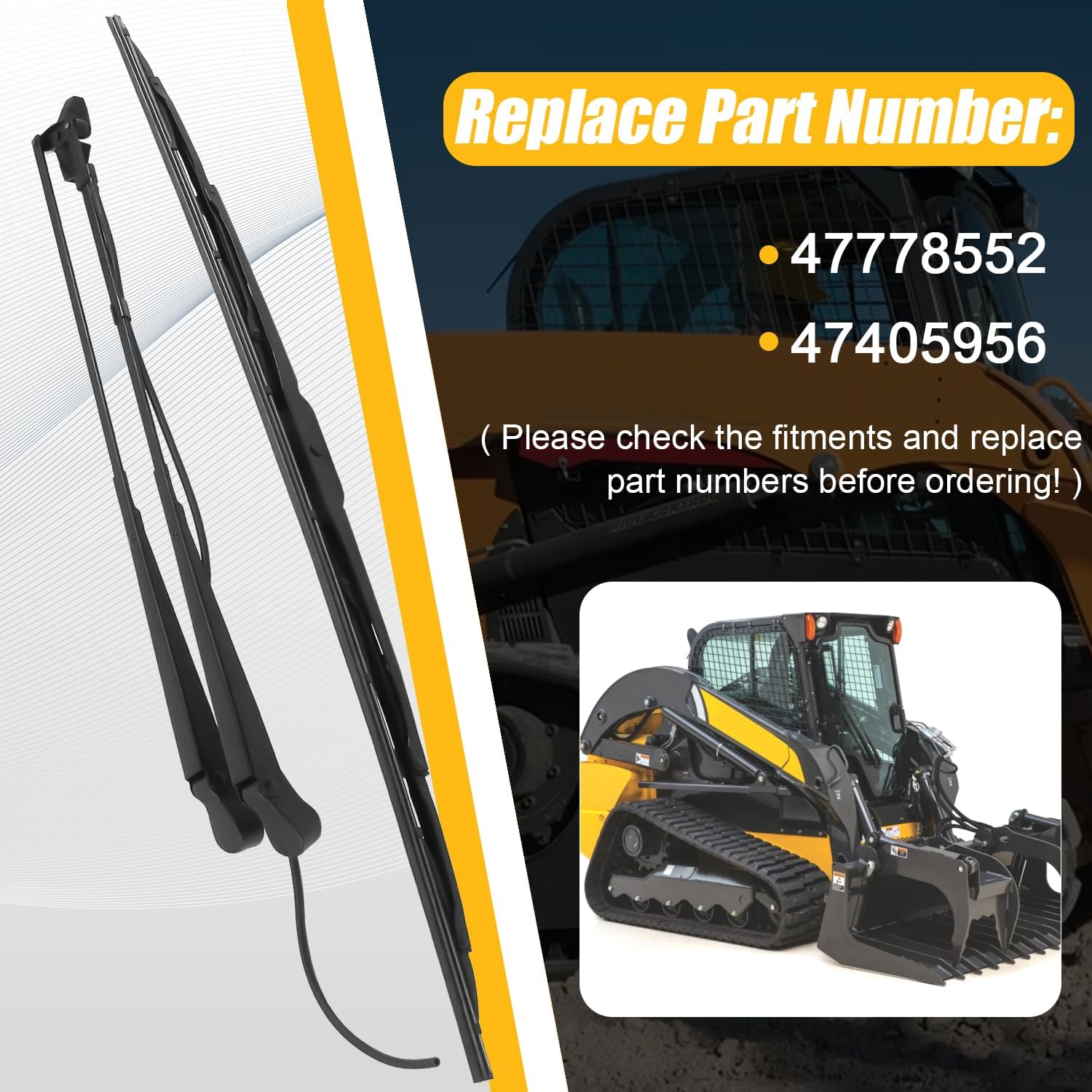Wiper Arm Blade Kit 47778552 47405956 Compatible with New Holland Track Loader C227 C232 C238 C213 TR270 TR310 TR320 TR340 Compatible with Skid Steer Loader SV185 SV250 SV280 SR130 SR150