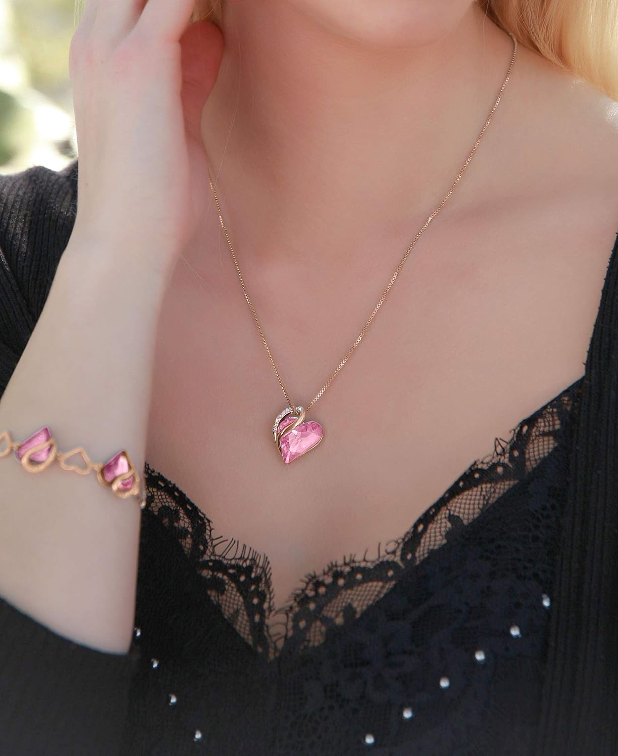 Leafael Infinity Love Crystal Heart Bundle Jewelry Set with Rose Quartz Pink Healing Stone Crystal for Romatic Love Gifts for Women Necklace Earrings Bracelet, 18K Rose Gold Plated