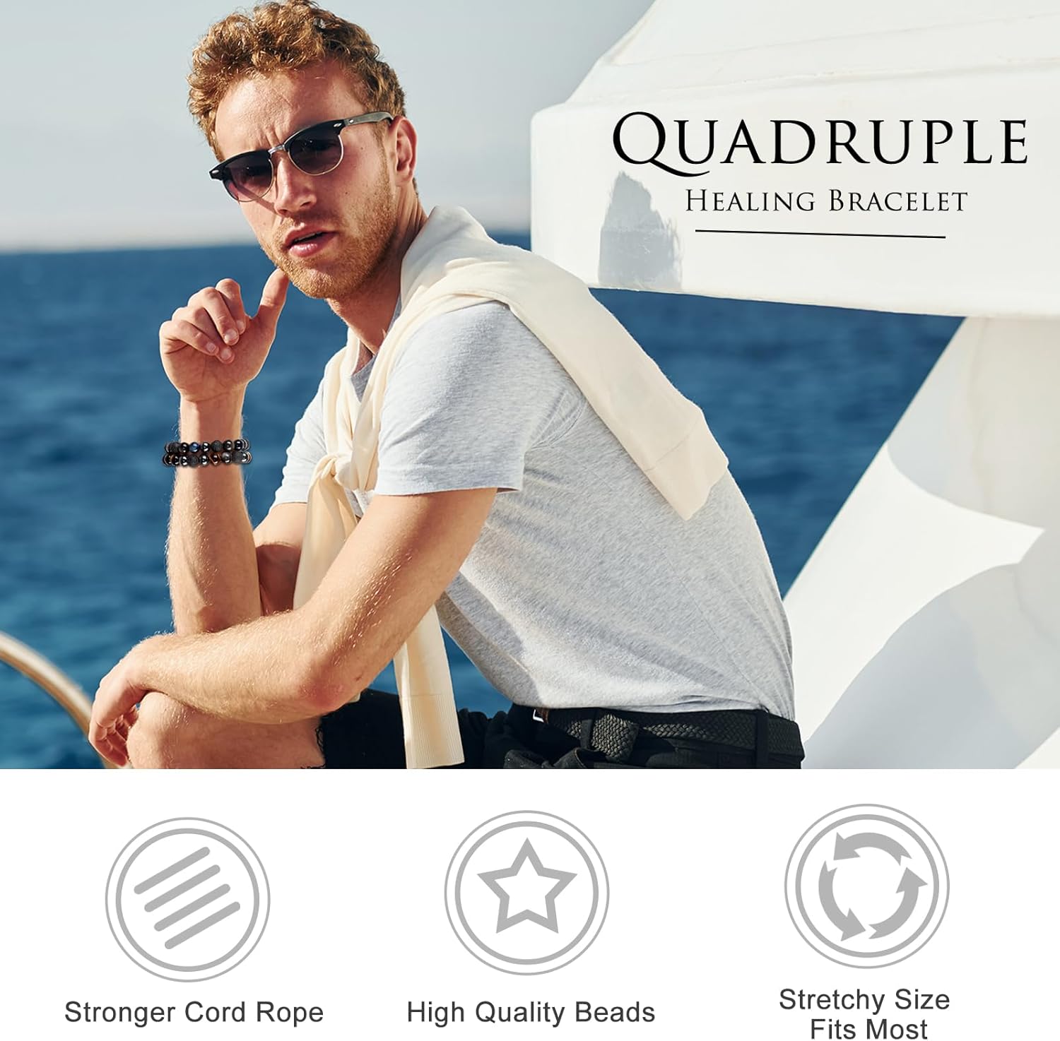 2Pcs Triple Protection Healing Bracelets for Men-10mm Black Obsidian Hematite Lava Beads Tiger Eye Bracelets Men-Gifts for Men Dad Son Boyfriend Christmas Birthday