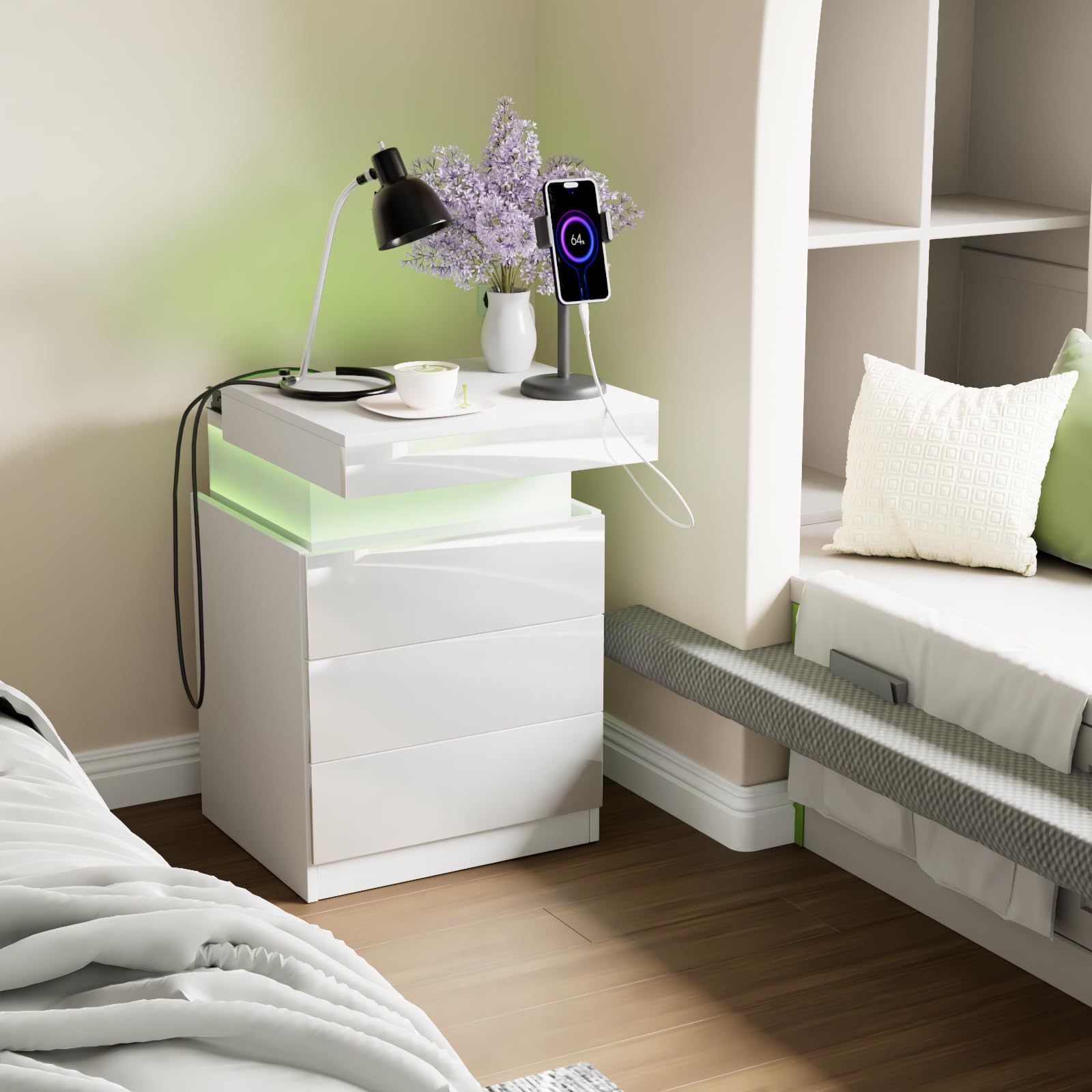 Comodino Bianco con Illuminazione LED,Comodini Camera da Letto Moderno con Presa,Comodino lucido 16 Colori Regolabile,Comodini Soggiorno, Camera da Letto con 3 Cassetti e USB,45x40x67 cm