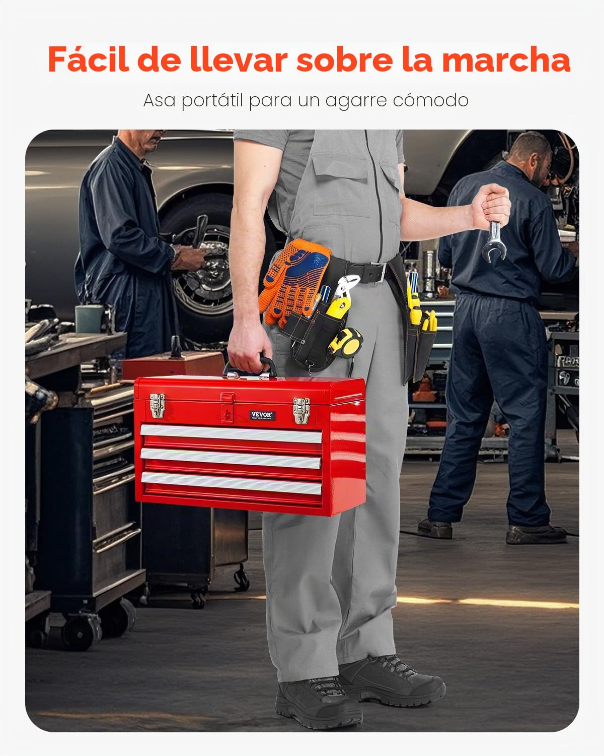 VEVOR Caja de Herramientas Portátil de Metal 520 x 218 x 304 mm, Cofre de Herramientas Pequeño con 3 Cajones y Revestimiento de EVA, Cajones Deslizantes con Cojinetes de Bolas con Cerradura, Rojo