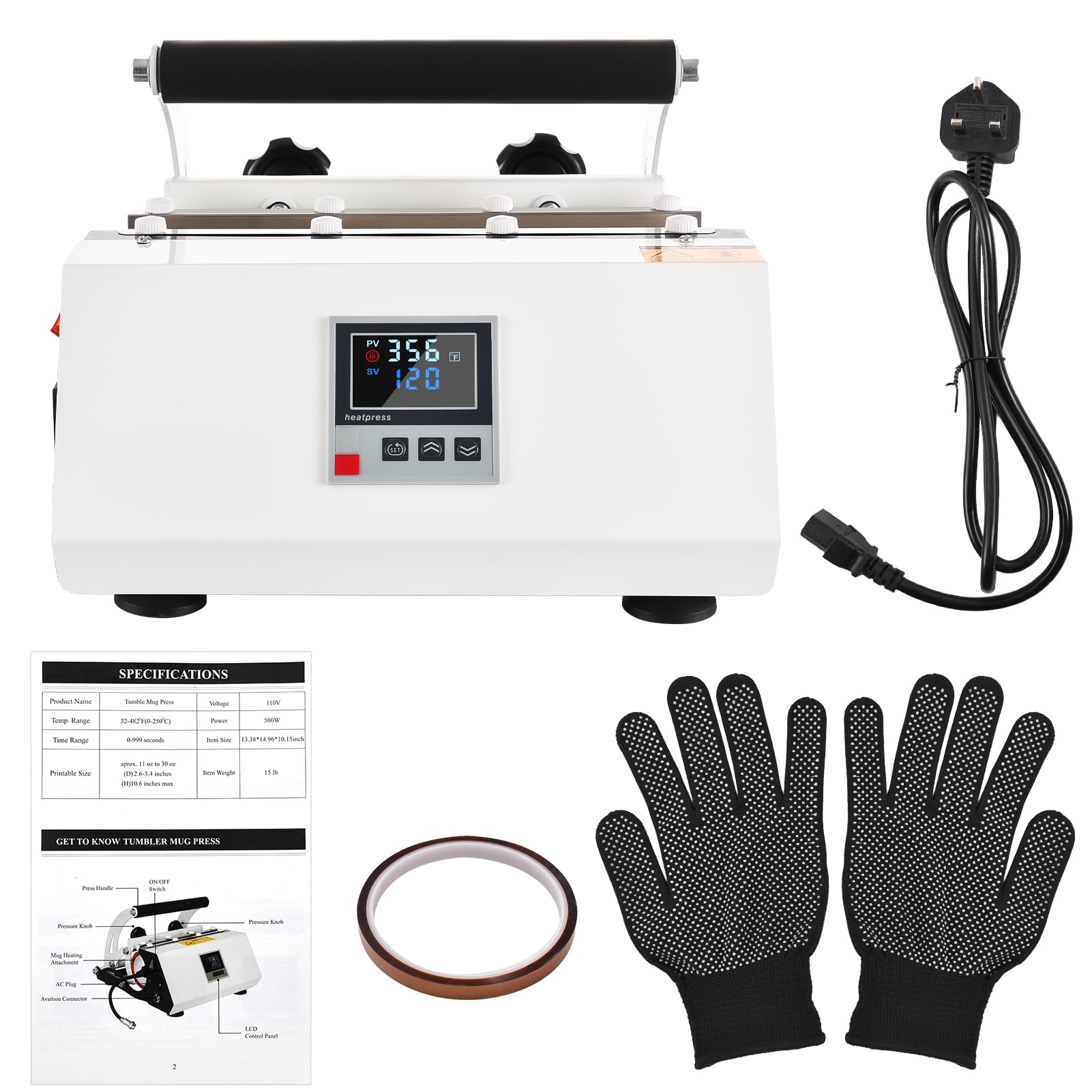 Tumbler Heat Press Machine for 11-30oz 2.9-3.4inch Tumblers Cups Glasses and Mugs Coffee Mugs Cup Press Glass Water Bottle DIY Heat Transfer Machine with Sublimation Paper Heat (UK Plug)