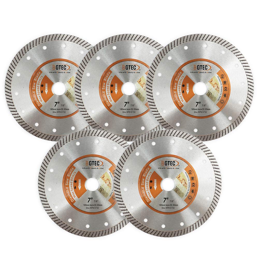 BGTEC Diamond Tile Blade,5pcs 7” Super Thin Turbo Rim Concrete Porcelain Saw Blade with 7/8" Arbor for Cutting Porcelain Tile Ceramic Granite Marble Hard Material Cutting Disc