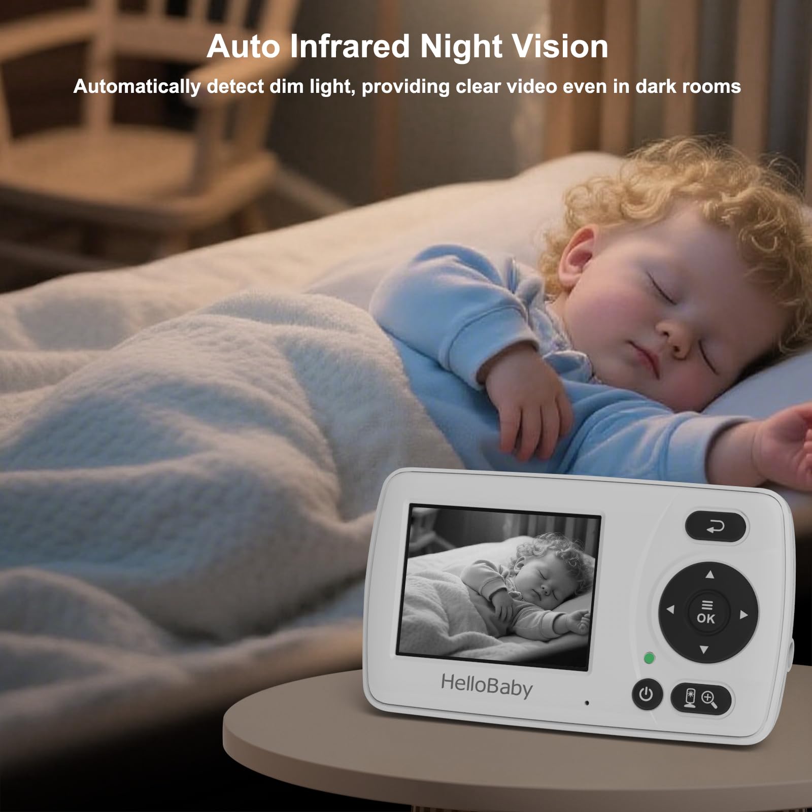 HelloBaby Baby monitor, aggiornamento video baby monitor con fotocamera e visione notturna, 8 lingue, modalità ECO, nessun WiFi per la privacy, zoom 2x, funzione allarme