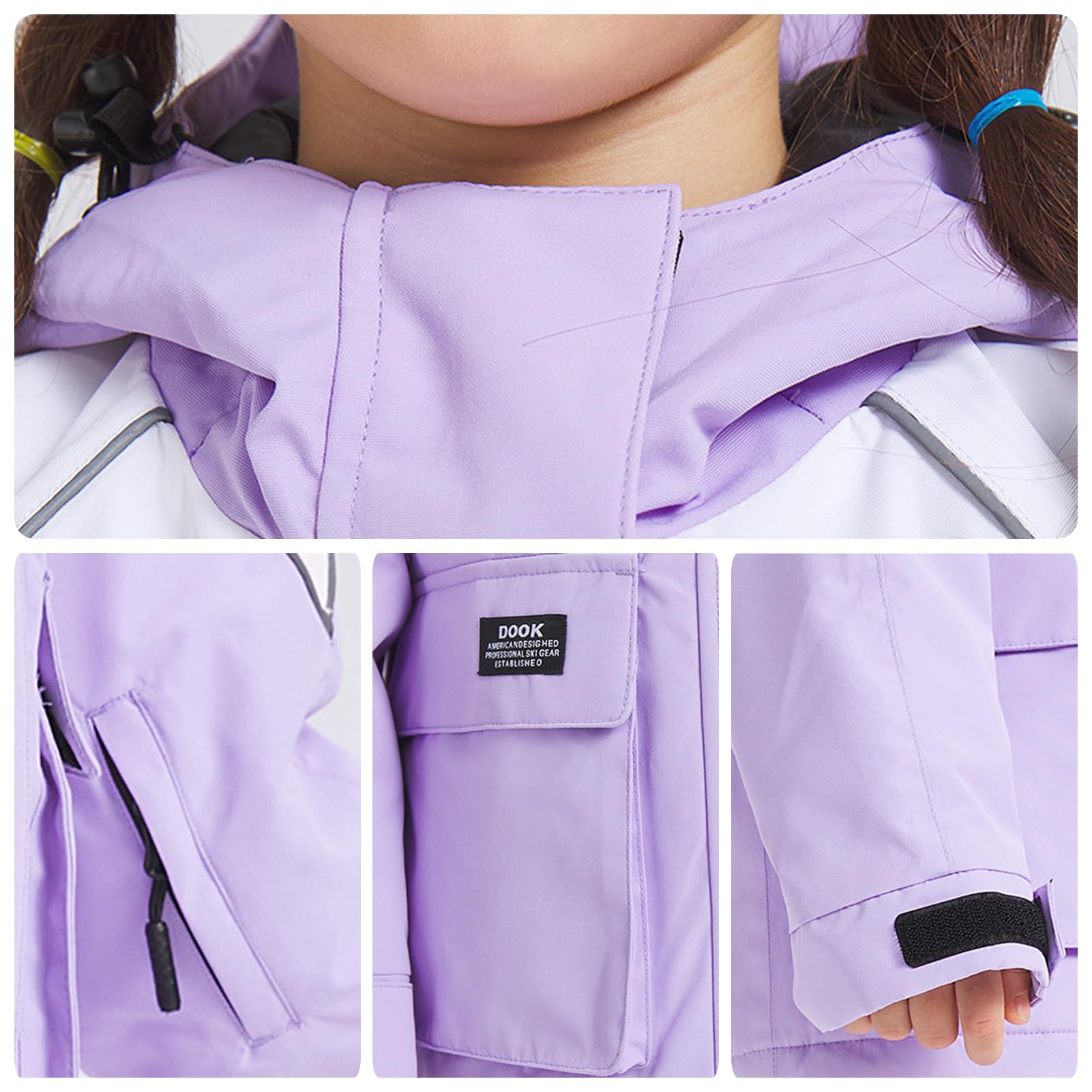 Traje de nieve infantil de 2 piezas, chaqueta de esquí + pantalones de esquí, impermeable, cortavientos, transpirable, con capucha, para niños y niñas, traje de esquí de invierno, lila, 120