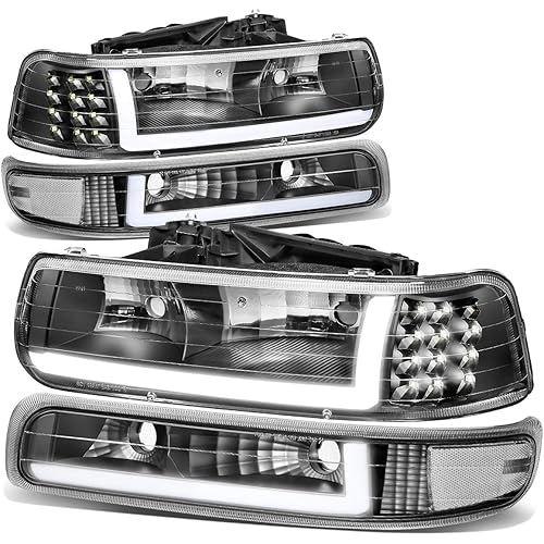 Auto Dynasty 4PCS LED DRL Headlights Assembly and Bumper Lamps Compatible with Chevy Silverado Suburban 1500 2500 3500 Tahoe 99-06, Driver and Passenger Side, Black Housing Clear Corner