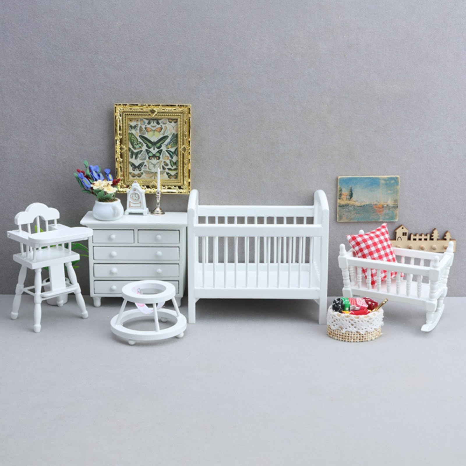 Harilla 5 Piezas de Muebles en Miniatura para Casa de Muñecas con Conjunto de Guardería de Madera Pintada de con Silla para Escena de Habitación
