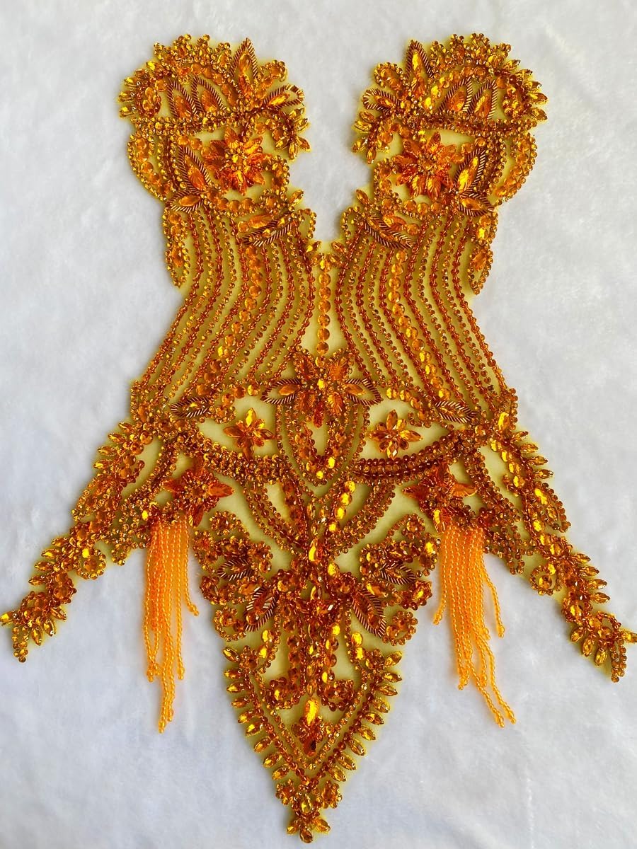 Handmade Beautiful Large Bodice Applique Pure Handsewing Patch with Crystal and Beads for Dresses DIY Acceessories (Gold)