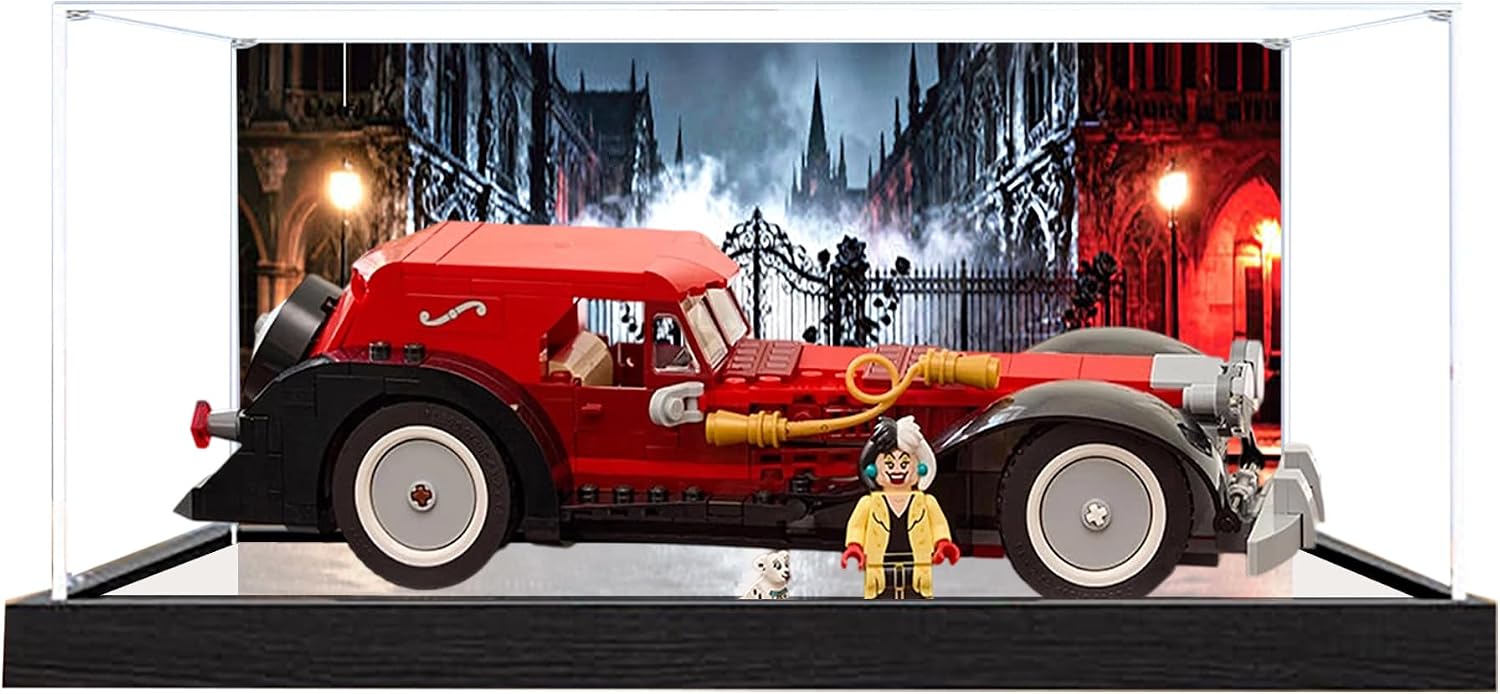 Acrylic Display Case for Lego 43277 Cruella's Luxury Car Model, 3mm Dustproof Display Box, Display Case Compatible with Lego 43277 (Model Not Included) (Background Black Base)