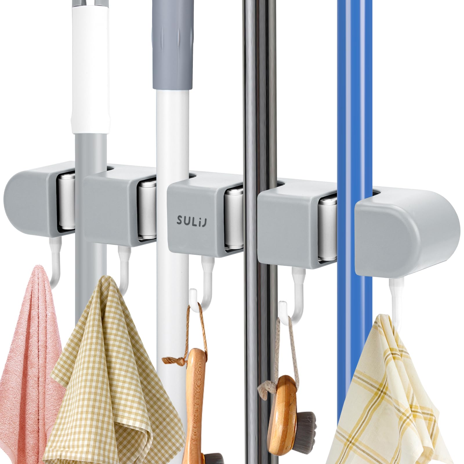 Taope Broom Mop Holder Wall Mounted, Brush Holder Tidy Organizer with 4 Slot 5 Hooks, Self-Adhesive Mop Holder for Bathroom, Kitchen, Garage, Garden Tool Organizer, Brush Mop and Broom Gripper, Grey