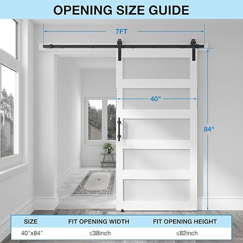 Miniatura 2 de Puerta corrediza de granero de vidrio de 5 paneles de 40 x 84 pulgadas con kit de herramientas de 7 pies incluido, fácil montaje con agujeros