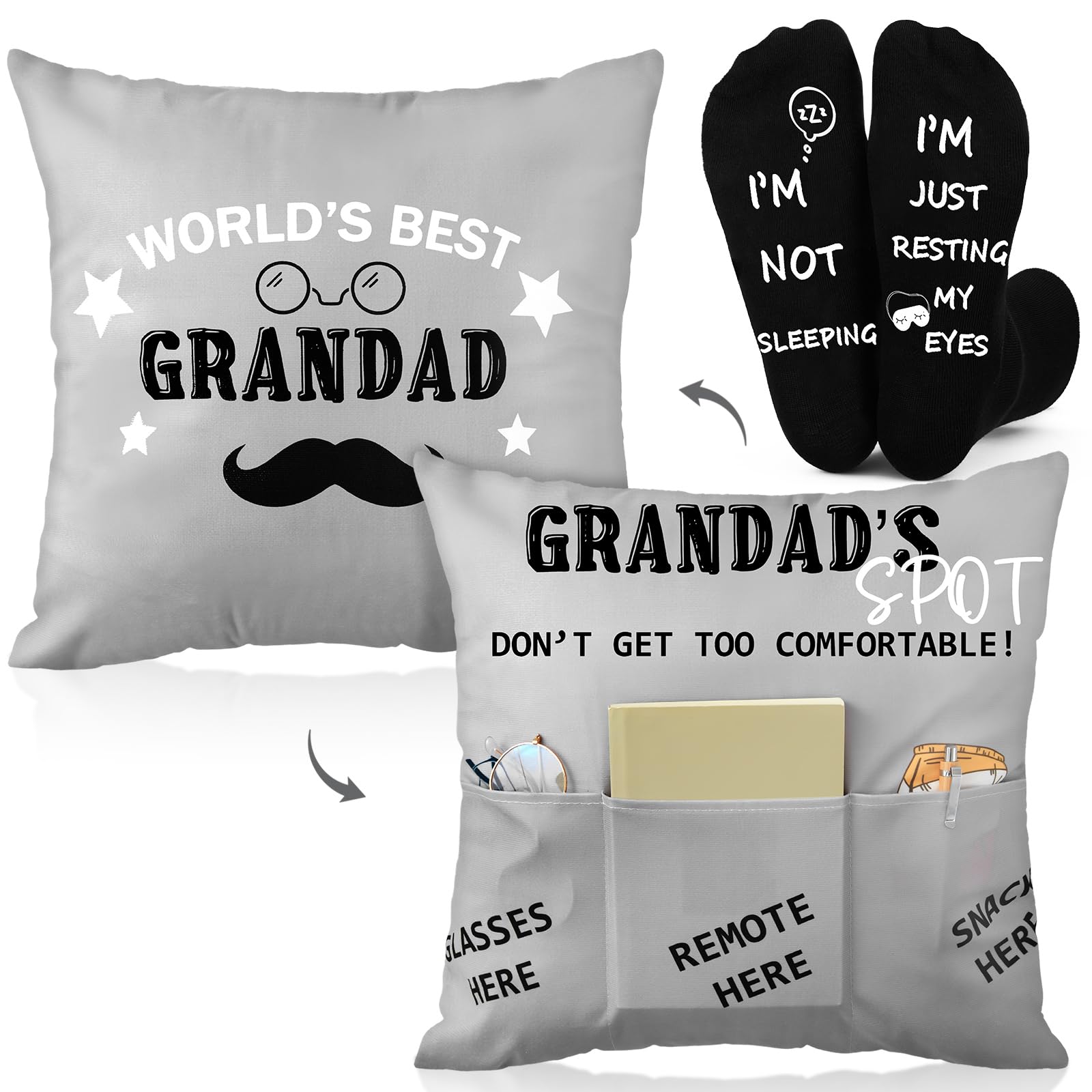 Neer Grandad Gifts Set for Father's Day Include 45 x 45 cm Cushion Cover Double Sided 18 x 18 Inch Throw Pillow Cover with Pockets, Black Socks for Men Grandad Birthday Funny Gifts