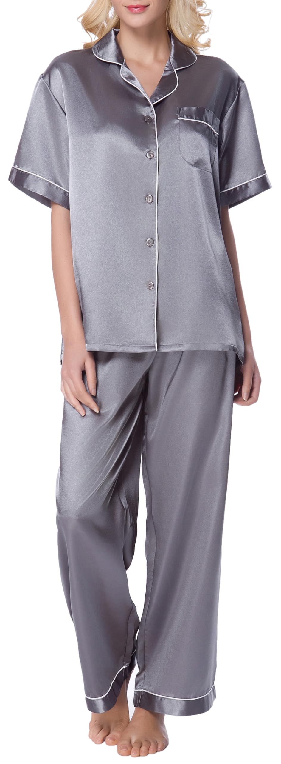 Lavenderi Women's Short Sleeve Classtic Satin Pajama Set