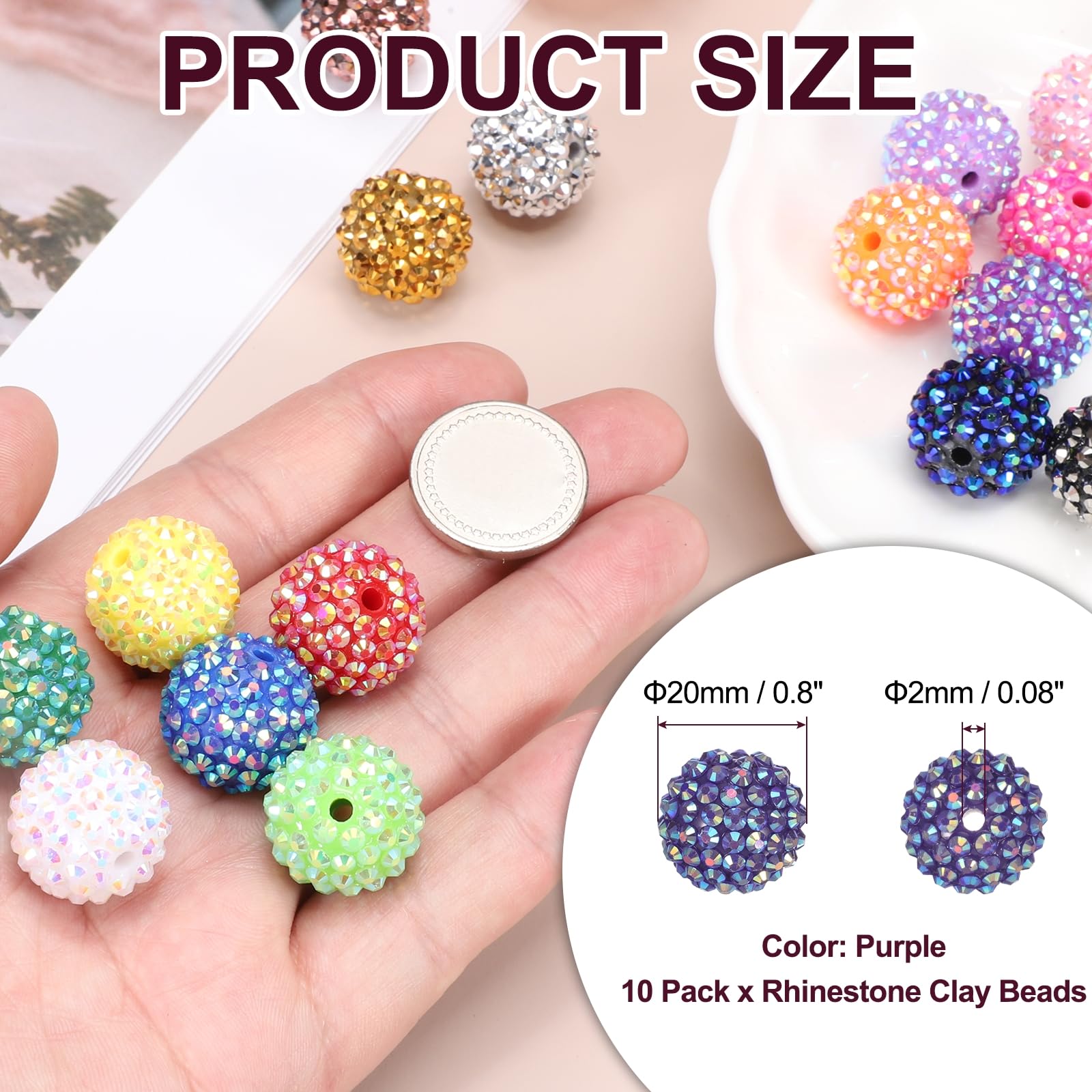 PATIKIL 20mm Resin Rhinestone Beads for Beadable Pen 10 Pack Ball Disco Sparkly Chunk Round Bubblegum Beads for Beadable Keychain Jewelry Making DIY Craft - Image 2