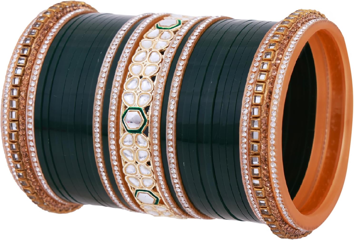 Efulgenz Indian Bridal Bangle Set for Women Chura Bangles Green Punjabi Chuda Acrylic Bangle Set for Wedding Faux Kundan Rhinestone Crystal Bridal Dulhan Choora Fashion Jewelry (62 Pcs)