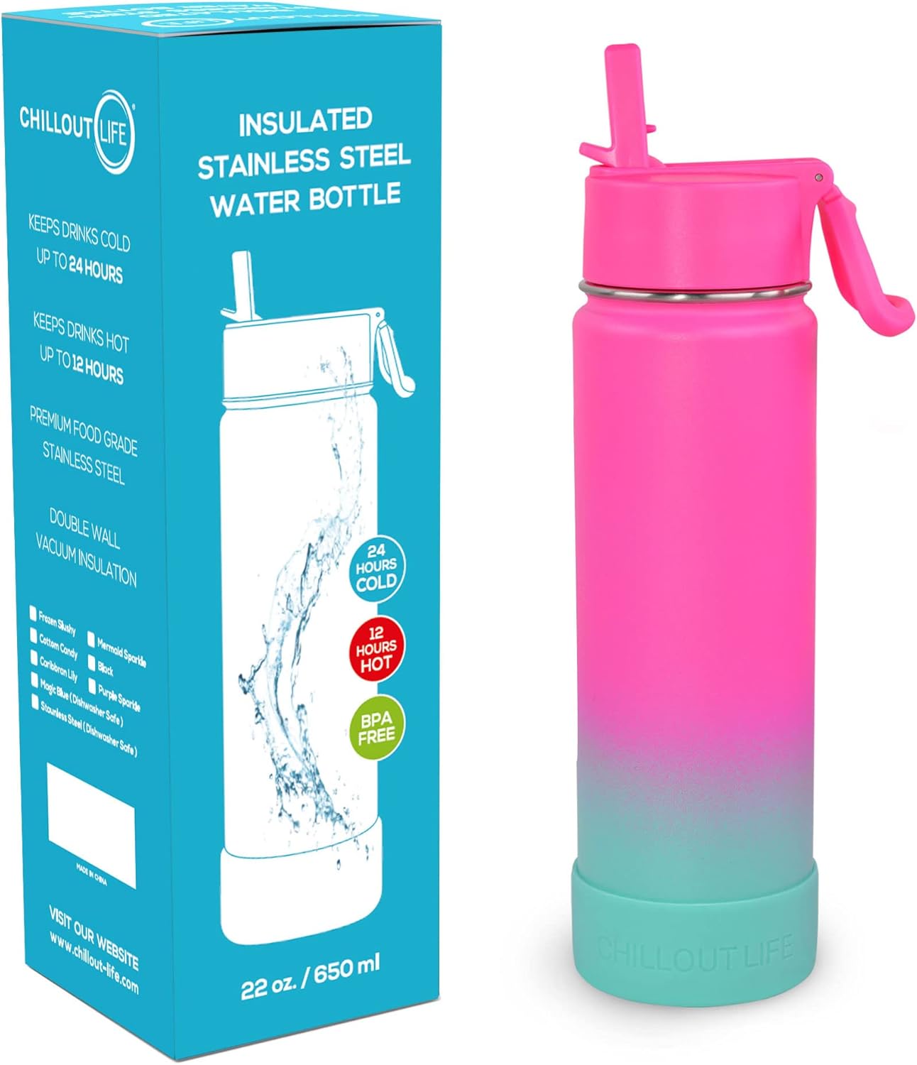 CHILLOUT LIFE 22 oz Kids Insulated Water Bottle for School with Straw Lid Leakproof and Cute Waterproof Stickers, Personalized Stainless Steel Thermos Flask Metal Water Bottle, Frozen Slushy - Image 2