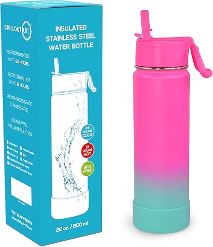 Miniatura 2 de CHILLOUT LIFE Botella de agua aislada para niños de 22 onzas para la escuela con tapa con pajilla, a prueba de fugas y bonitas calcomanías