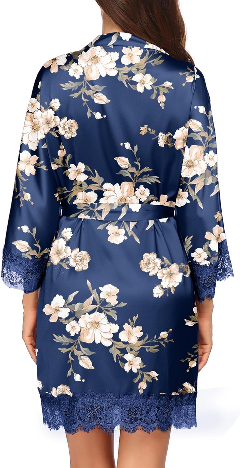 Ekouaer Womens Silk Robe Short Lace Trim Satin Robe 3/4 Sleeve Sexy Kimono Bride Bathrobe Comfy Sleepwear with Pockets - Image 4