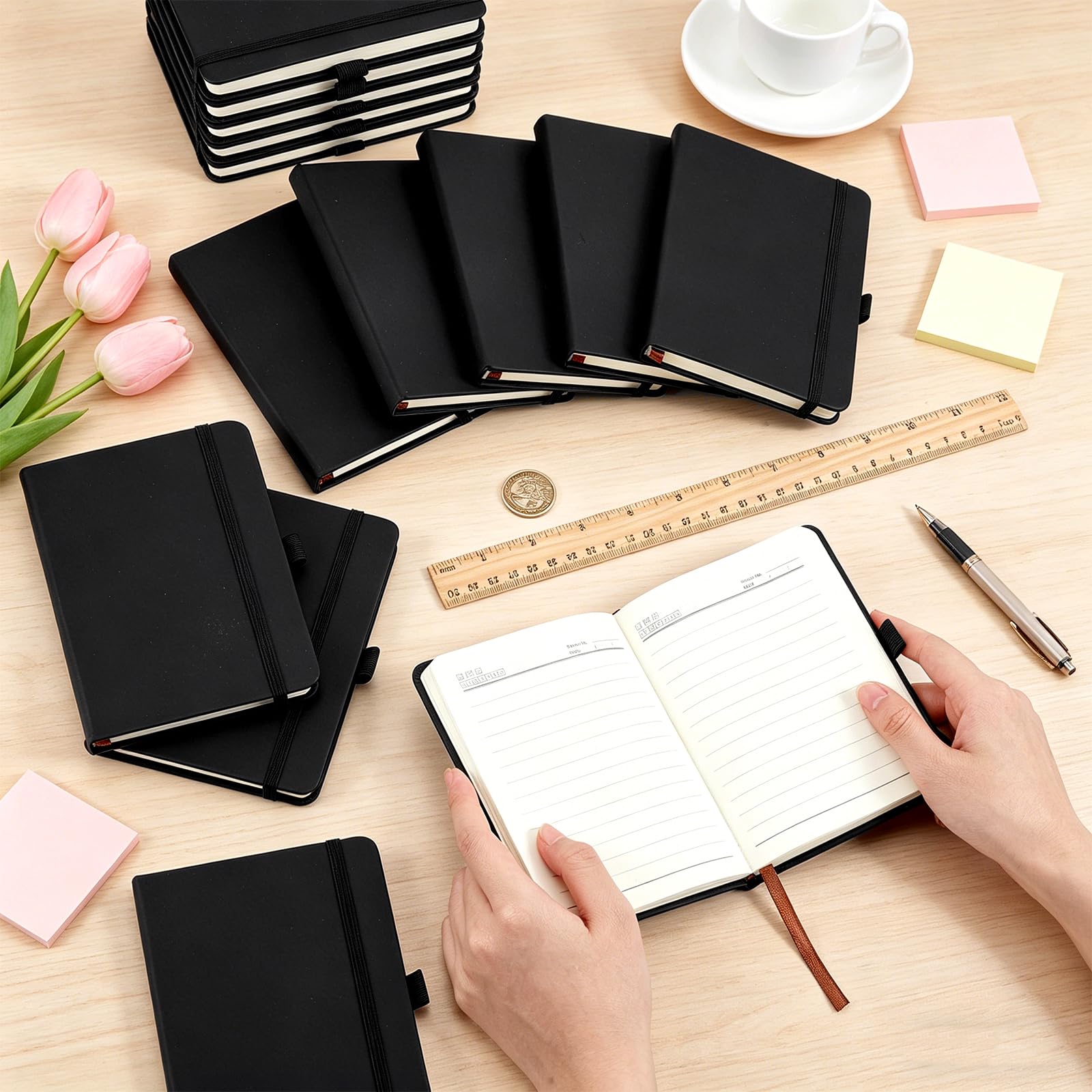 Lot de 15 mini carnets de poche A6, journal ligné pour université, bloc-notes de voyage, carnet de notes ligné robuste noir pour bureau, école, prise de notes quotidienne