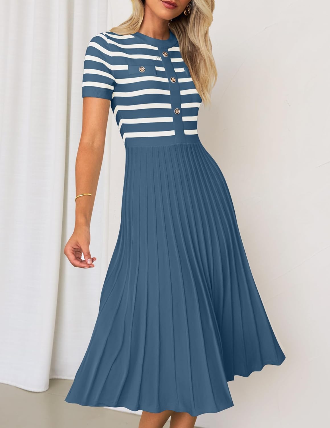ZESICA Women's 2026 Casual Striped Midi Dress Crewneck Short Sleeve Button Ribbed Knit Swing Pleated A Line Dresses - Image 8