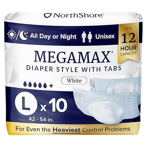 NorthShore MegaMax Adult Overnight Diapers, 12-Hour Tab-Style, Large, 10 Count Bag, White, 42-54 inches, Unisex Incontinence Underwear - White - Large (10 Count)
