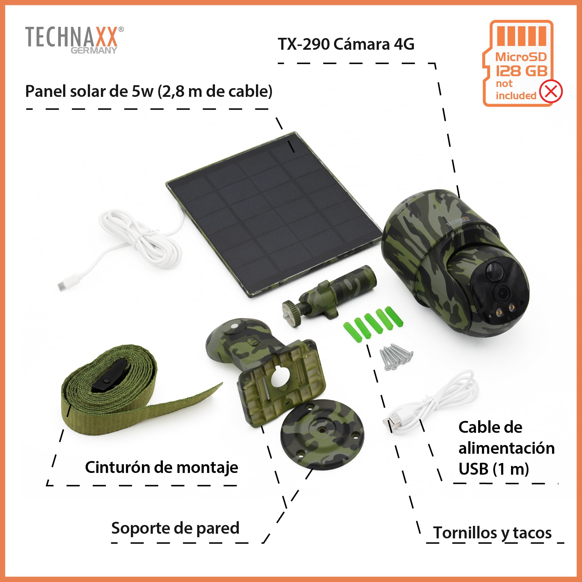 Technaxx Cámara PT 4G Exterior Solar 5W, 4MP, PTZ 360°, IP65 TX-290