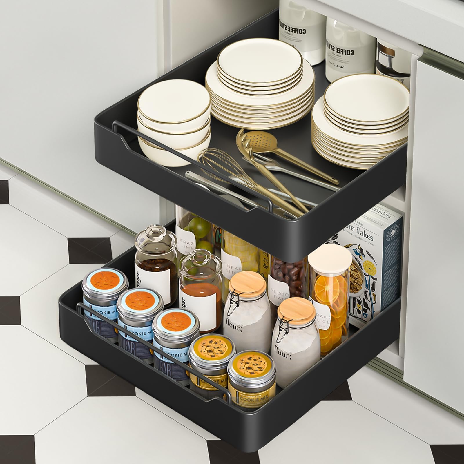 Homgo Black Telescopic Drawer, Slide Out Cabinet Organizer Kitchen, Pull-Out Drawer Storage Shelves For Kitchen Cabinets, No Drills And Nails, 20Cm W X 43Cm D X 7Cm H (Black)
