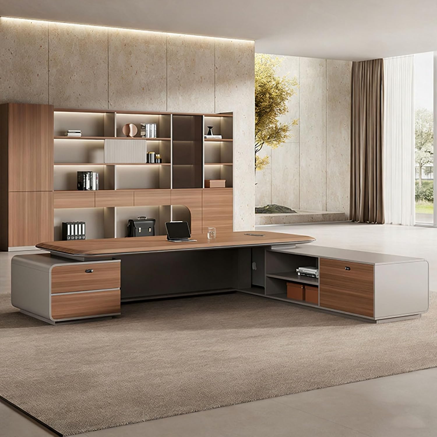 Modern Business L Shaped Executive Office Desk with Storage, Large Home Office Desk with Thickened Tabletop and USB Port Study Gaming Table Business Workstation Set for CEO, Boss image 4