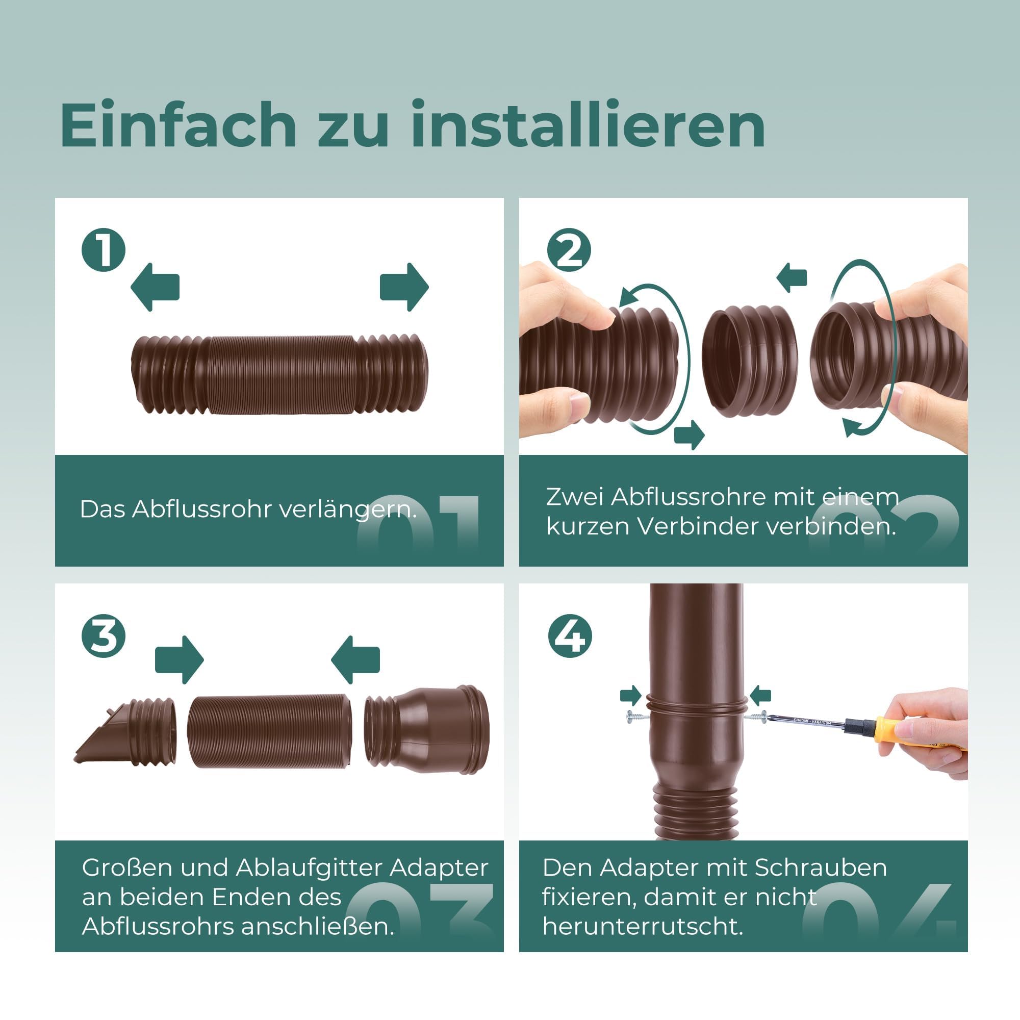 Extensión Flexible para Canalón y Bajante, 80/100 mm Tubo Bajante Extensión Redonda con Rejilla para Desagüe, Manguera de Canalón, 47-150 cm, Accesorios para Bajantes (Marrón, 2 Unidades)