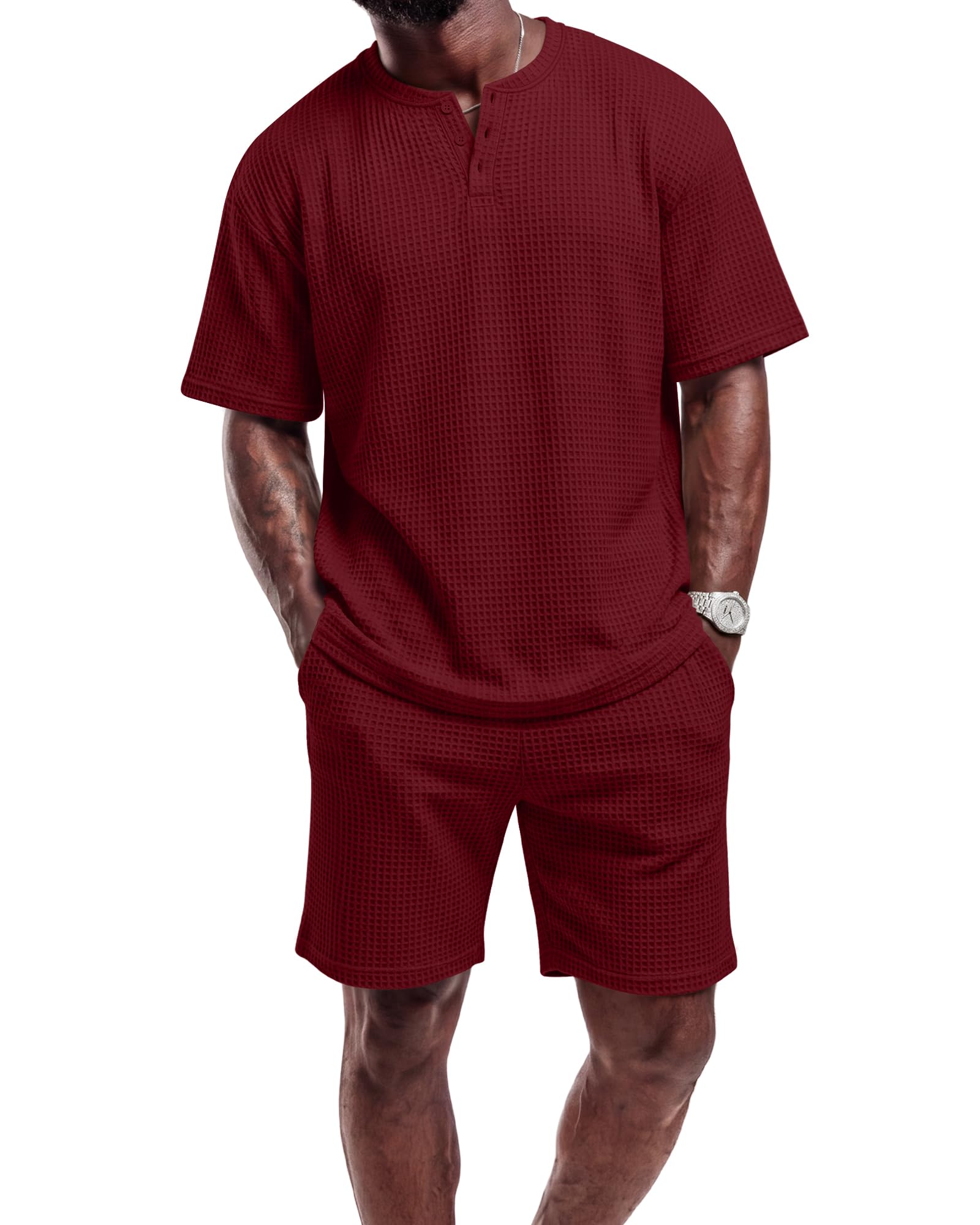 August Alley Men's 2 Piece Outfits Casual Shirt and Shorts Set Waffle Short Sleeve Henley Summer Tracksuit with Pockets