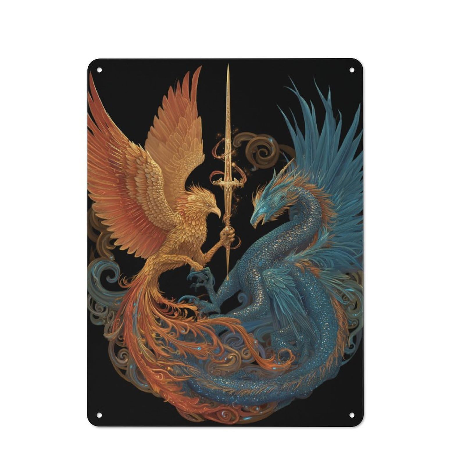 Junmoney Phoenix And Dragon Duo Printed Metal Sign 40X30cm For Pub Or Café, With Clear Industrial Wall Decor Character