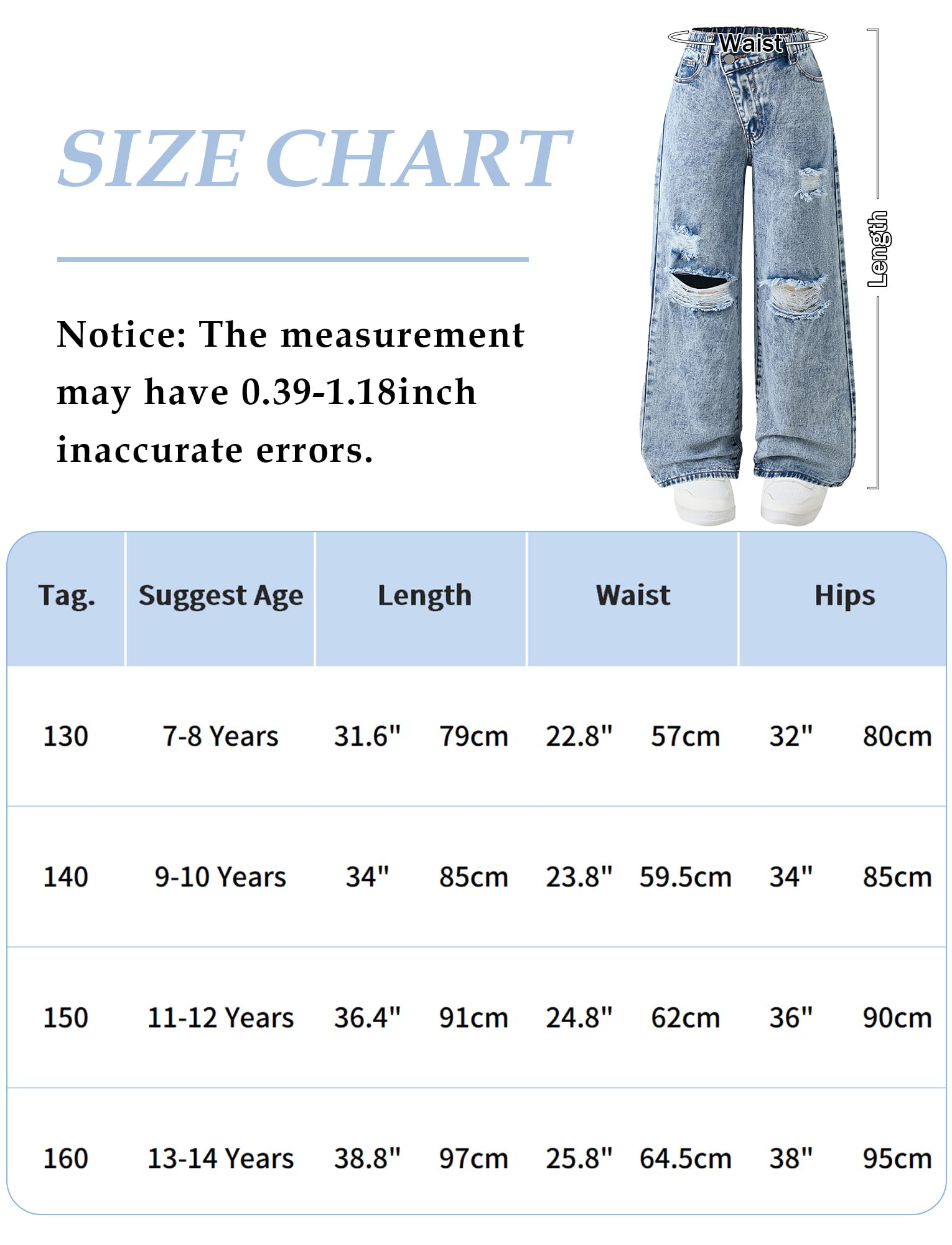 Maeau Jeans Déchiré/Papillon Jambes Larges pour Fille, Pantalon Droit Taille Élastique, Jeans de Jazz Danse Décontracté Ample, Printemps L'été Automne, 8-14 Ans