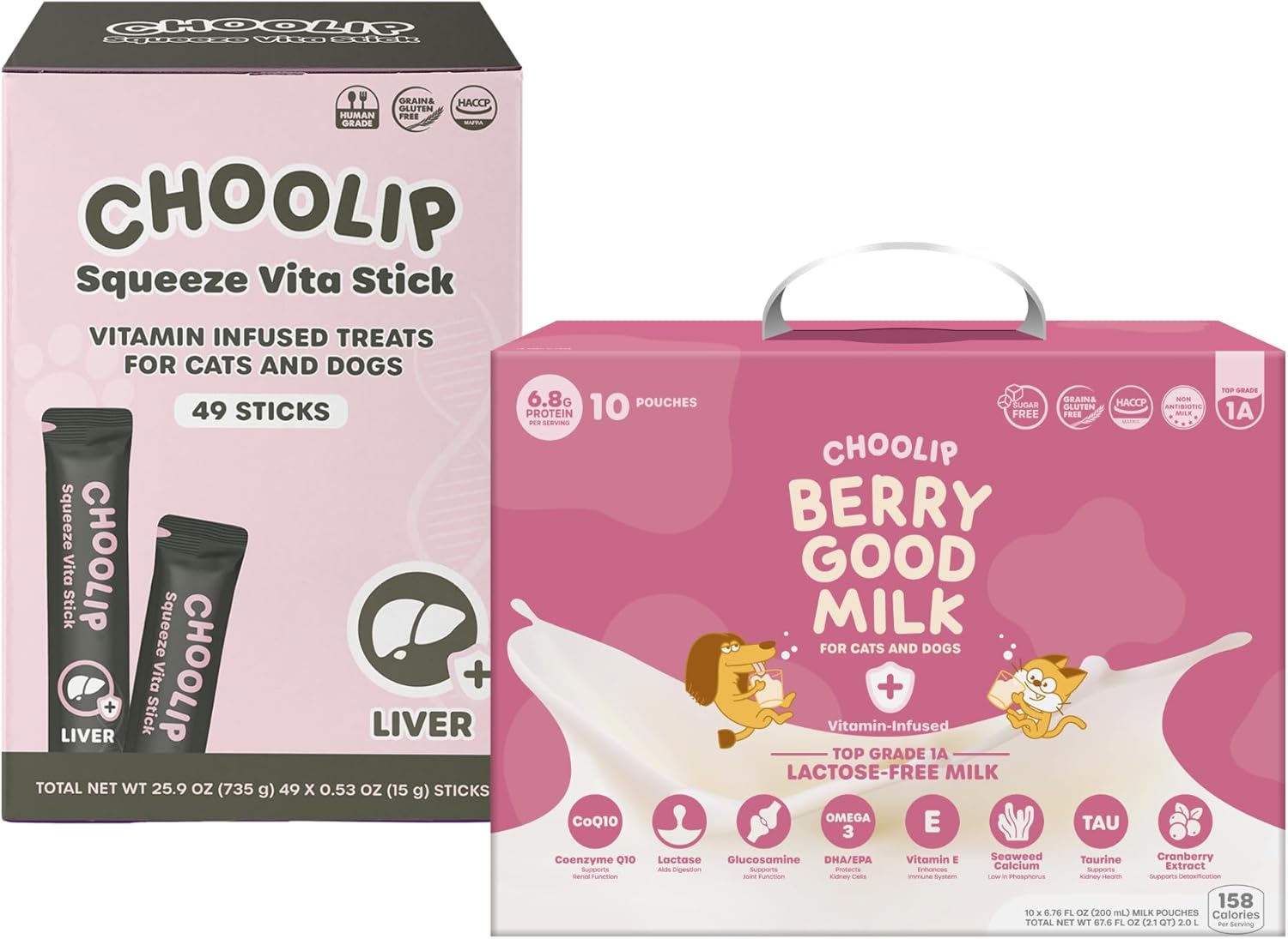 Choolip Bundle | Berry Good Milk 10pk Vitamin-Infused + 49pc Liver Support Squeeze Vita Sticks with Essential multivitamins [Both Products are for Cats & Dogs of All Life Stages]